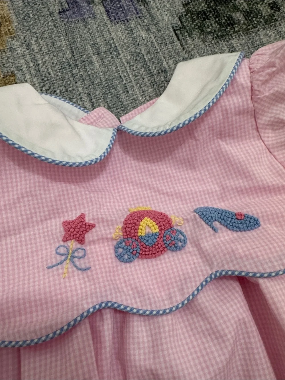 Stitchy Fish Pink Gingham Baby Bubble with Embroidered Carriage and Shoe